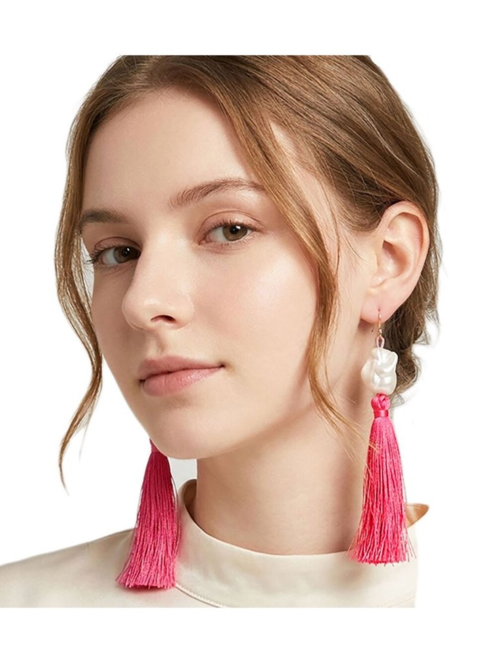 Tigerstars Pink Pearly Tassel Link Drop Earrings